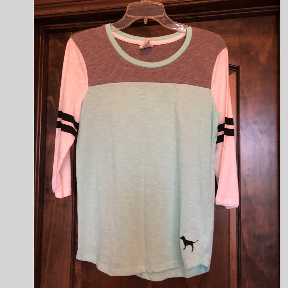 PINK VS mint colorblock raglan 3/4 sleeve tee